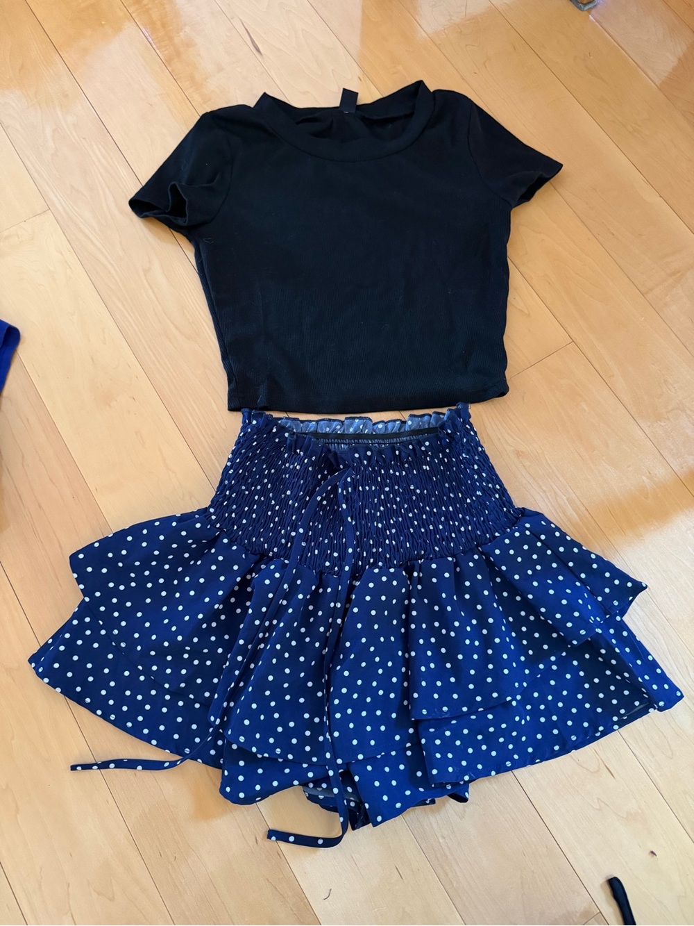 Amazon Kids Black Top with Navy Polka Dot Skirt Set